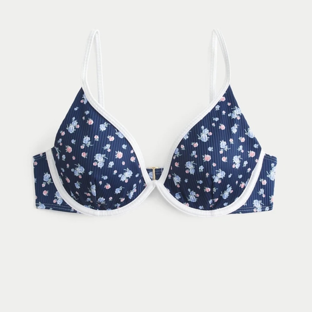 Hollister NWT Navy Floral Underwire Bikini Top with White Trim Size M